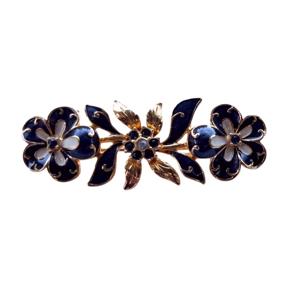 Joan Rivers Blue and White Enamel Flower Pin, Swarovski Crystals, Vintage 1990's